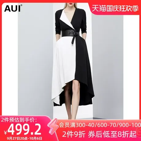 AUI欧洲站不规则设计感黑白撞色风衣女春2023新款中长款气质外套图片