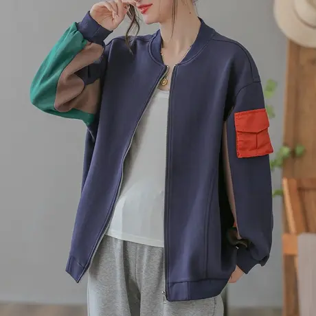 dza 复古拼接撞色短款棒球服春秋休闲女士外套宽松运动长袖上衣女图片