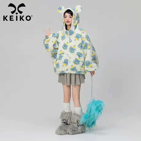 KEIKO 卡通提花羊羔毛外套女夹棉加厚2023冬季可爱连帽棉服棉袄子商品大图