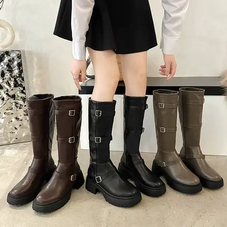 长筒靴女2023春秋季新款网红小众设计感炸街瘦瘦靴粗跟厚底骑士靴图片