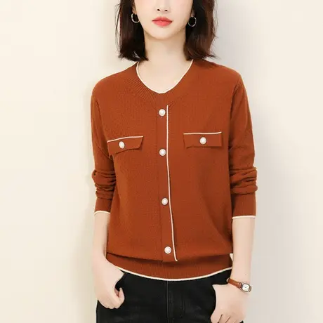 新品8.5折】小香风撞色圆领长袖毛衣女士套头打底针织衫图片