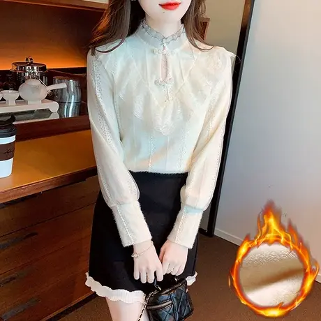 今年流行新款加绒加厚蕾丝打底衫女2023冬装复古气质减龄显瘦小衫商品大图