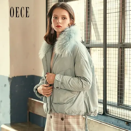 Oece秋冬装新款女装 暖萌少女貉子毛翻领甜美冰沙蓝短款羽绒服商品大图