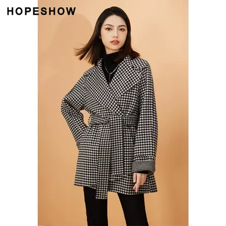 红袖outlets双面千鸟格翻领大衣hopeshow2023冬款系带中长外套女商品大图
