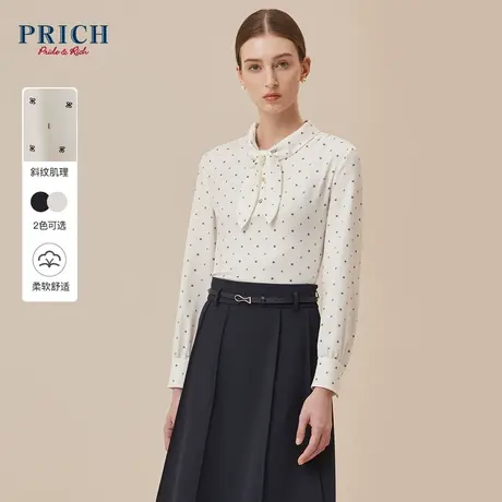 PRICH2023秋冬新款复古优雅波点丝巾领修身气质通勤衬衫女商品大图