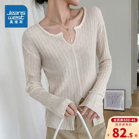 EI真维斯2024春季新款女装时尚V领设计感通勤修身长袖休闲毛衣潮图片