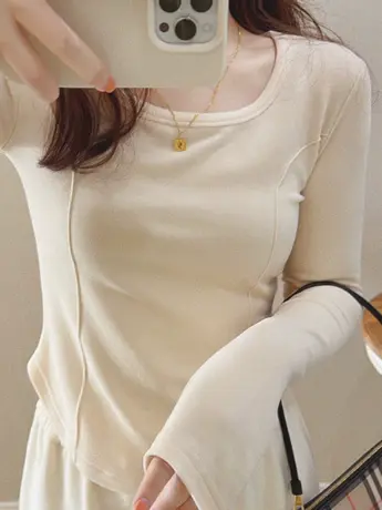 内搭德绒打底衫女秋冬2023新款辣妹长袖t恤方领正肩紧身鱼骨上衣商品大图
