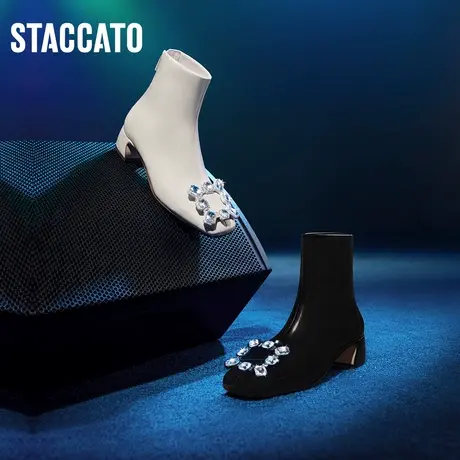 思加图新款奶油鞋方头粗跟短靴甜美时装靴女靴EFK04DD2B商品大图