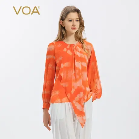 VOA提花桑蚕丝橙色圆领不对称长袖褶皱活页设计原创洋气真丝T恤图片