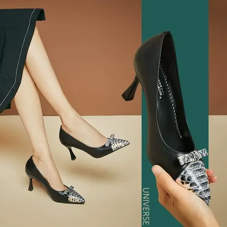 清仓春款单鞋细跟舒适百搭拼色蝴蝶结真皮中年女鞋尖头浅口高跟鞋图片