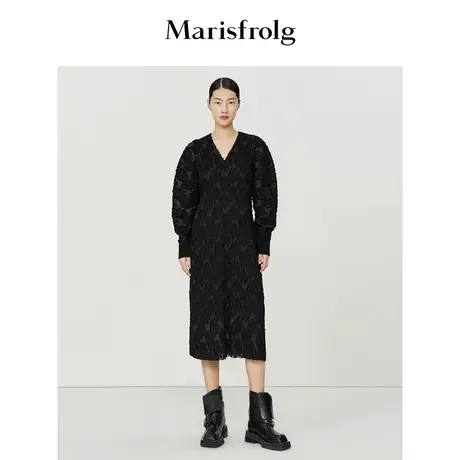 【新能量黑裙】玛丝菲尔冬季新款黑色V领收腰垂坠连衣裙图片