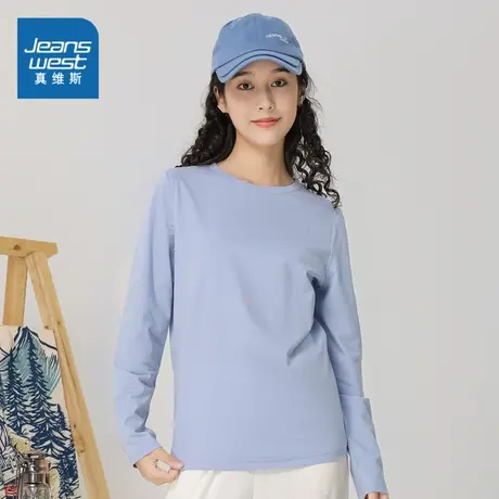 LN真维斯女装2023秋季新款 休闲时尚百搭纯棉上衣黑色圆领长袖T恤商品大图