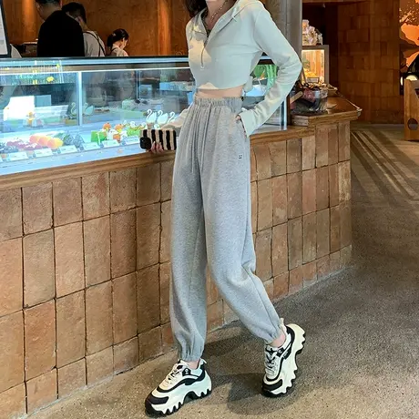 灰色运动裤女春秋季2024新款宽松休闲显瘦高腰宽松束脚卫裤哈伦裤图片