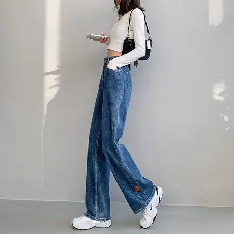 深蓝色牛仔裤女春秋2024年新款高腰宽松小个子直筒显瘦垂感阔腿裤图片