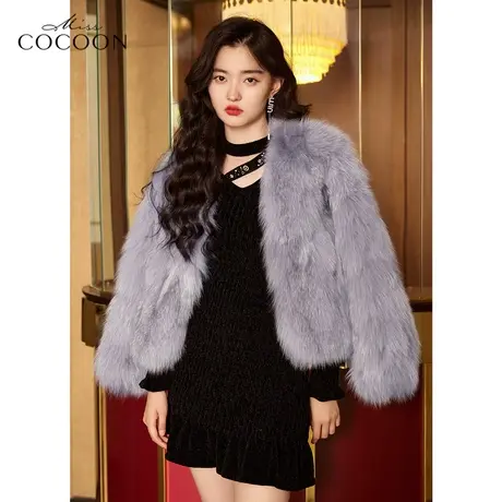 MISSCOCOON时尚狐狸毛皮草女2022新款冬宽松加厚成熟风V领短外套图片