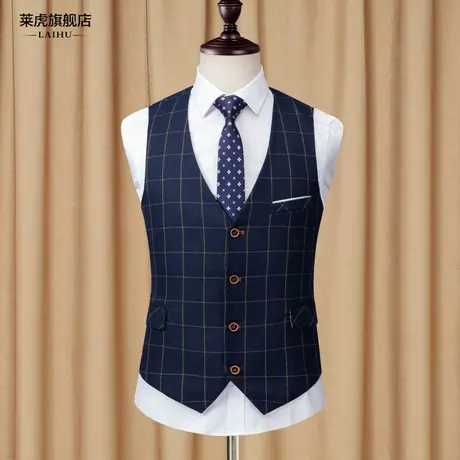 春秋季格子休闲西装男士马甲韩版修身时尚英伦马夹商务背心坎肩潮图片