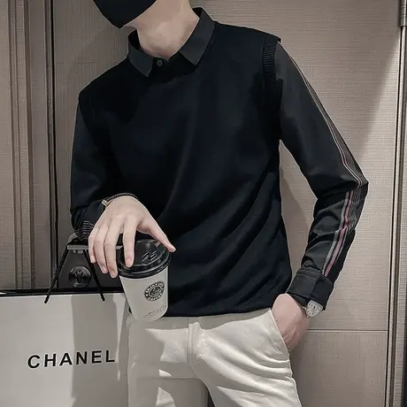 2023秋季假两件撞色时尚休闲网红潮牌衬衫领长袖针织衫毛衣男体恤商品大图