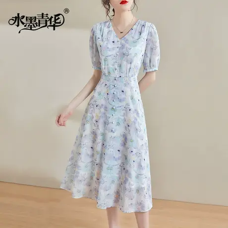 水墨青华显瘦V领短袖连衣裙夏季新款收腰中长款印花裙子商品大图