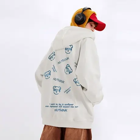 国潮宽松oversize小熊开衫卫衣男宽松加肥加大春季外套中性连帽衫商品大图