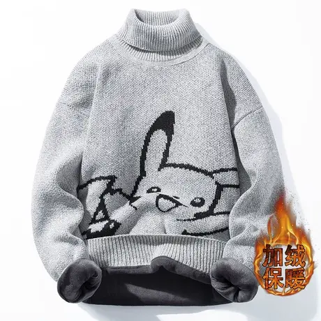 可翻高领毛衣加绒加厚冬季保暖衣青年套头针织打底衫男士潮流线衣商品大图