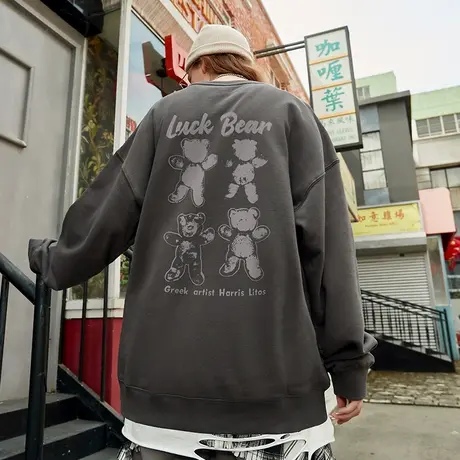 港风潮流小熊印花情侣款圆领卫衣百搭宽松时尚潮流加绒加厚上衣潮商品大图