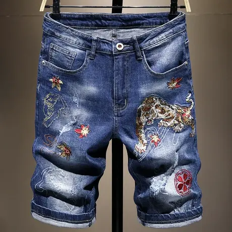 夏季薄款潮牌中国风破洞刺绣花牛仔短裤男国潮五分裤子男中裤马裤商品大图