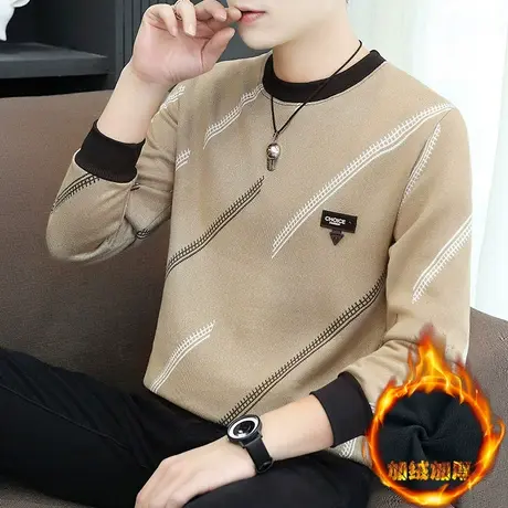 长袖T恤男秋冬装加绒加厚上衣圆领卫衣冬季内搭打底衫保暖衣服潮商品大图