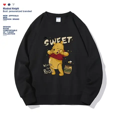 美式复古潮牌卡通小熊卫衣秋季学院风薄款休闲宽松圆领长袖上衣服图片