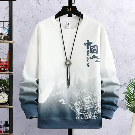 卫衣男秋冬款渐变色国潮印花长袖t恤男青少年外套休闲宽松打底衫T图片