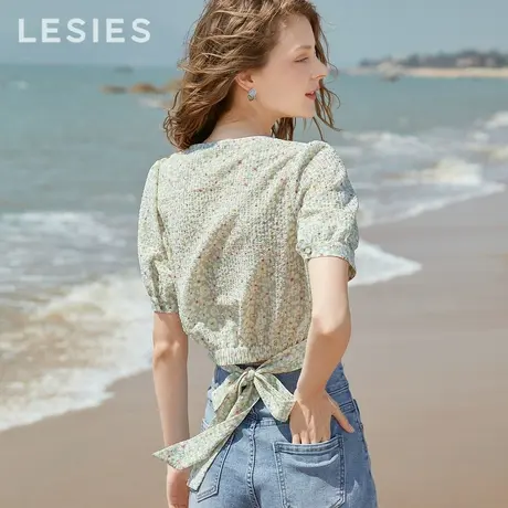 LESIES蓝色倾情夏装新款女时尚松紧腰V领短款收腰泡泡皱系带上衣商品大图