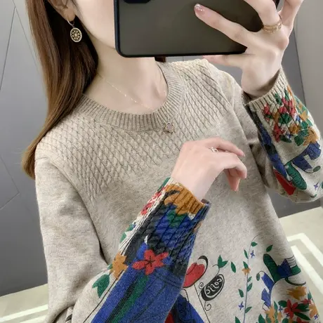 圆领复古文艺2023年春季新款套头毛针织衫女慵懒风印花毛衣打底衫图片