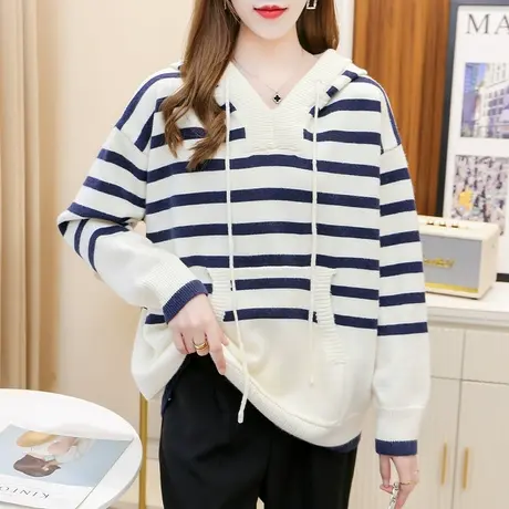 连帽针织衫女秋装新款上衣2022韩版宽松慵懒加厚打底毛衣条纹卫衣商品大图