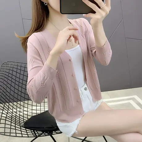 夏季女士七分袖短款薄款外搭冰丝针织防晒衫女V领透气开衫外套潮商品大图