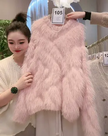 甜美小仙女粉色毛衣秋冬新款仿水貂毛套头减龄软糯针织衫打底上衣商品大图