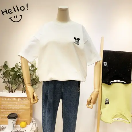 2020春夏新款韩国东大门短袖T恤刺绣卡通纯色亮晶晶T恤打底衫大码商品大图