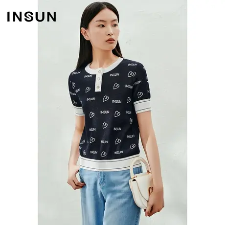 INSUN恩裳线上专选夏季字母爱心撞色休闲针织衫商品大图