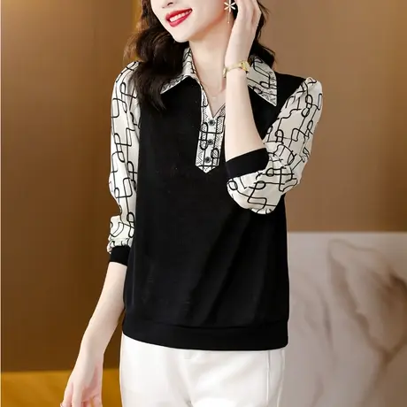时尚大码宽松打底衫女2023年秋季新款印花长袖拼接假两件洋气小衫商品大图
