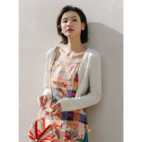 弥古白色针织开衫女春秋吊带连衣裙外搭罩衫短款空调衫肌理感上衣商品大图