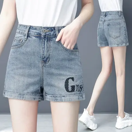 高腰牛仔短裤女宽松2024年春夏新款潮卷边A字阔腿裤刺绣显瘦热裤商品大图