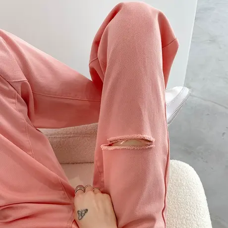 破洞阔腿牛仔裤女夏季2024年薄款高腰窄版直筒显瘦粉色小众拖地裤商品大图