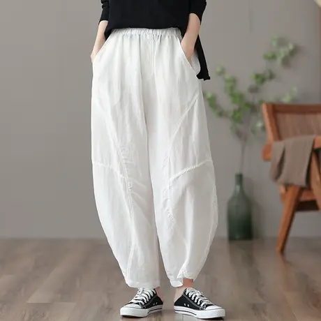 dza 高腰显瘦白色棉麻宽松阔腿裤子女春季新款直筒休闲复古亚麻裤图片