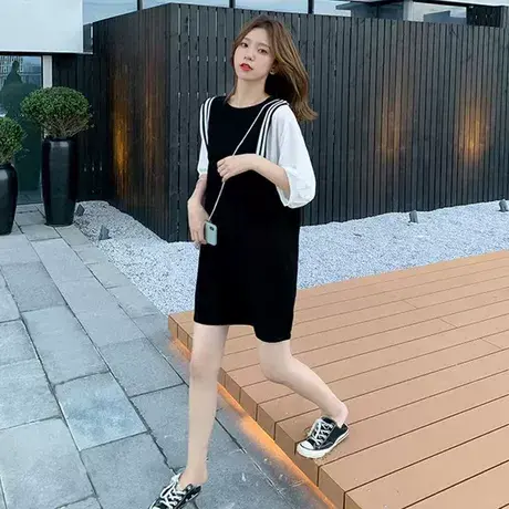 胖MM特大码300斤T恤裙2024春夏宽松遮肚藏肉显瘦假两件撞色连衣裙图片