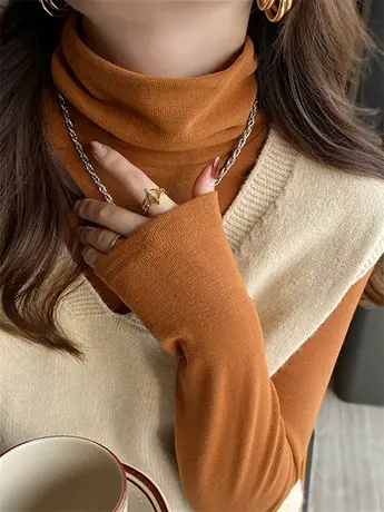 双面德绒高领打底衫女秋冬2023新款t恤加绒加厚保暖洋气内搭上衣商品大图