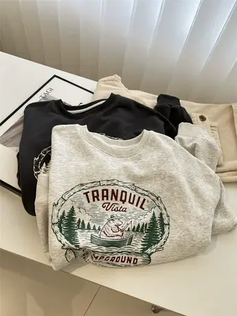 复古卡通字母印花圆领套头卫衣女宽松慵懒学生减龄上衣休闲外套秋商品大图