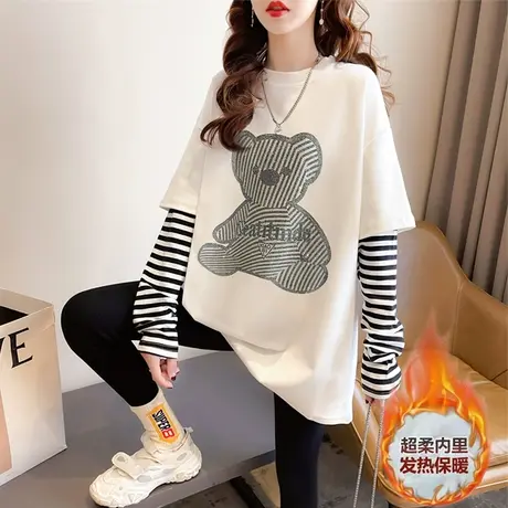 长袖t恤女秋冬韩版宽松加绒加厚中长款德绒条纹假两件上衣打底衫图片