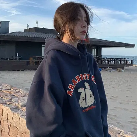 韩系chic大码秋冬加绒加厚连帽卫衣女ins潮显瘦宽松休闲小众外套商品大图