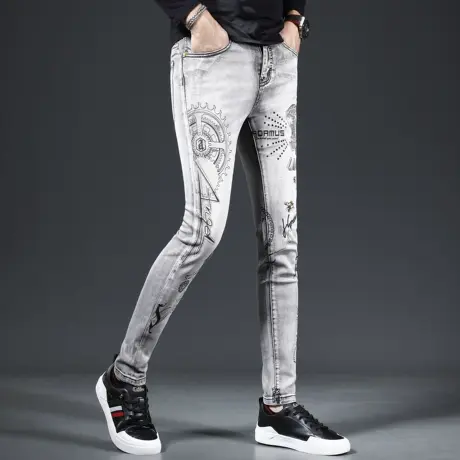 烟灰色牛仔裤男2023新款秋季修身小脚时尚烫钻男士弹力潮流裤子男商品大图