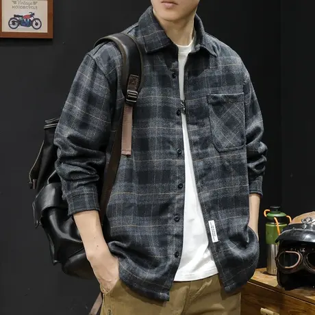 日系加厚格子衬衫男士衬衣长袖休闲潮牌外套男春季24新款磨毛春秋图片