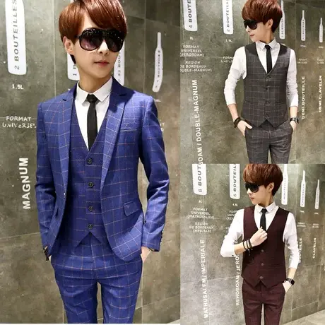 男士西服上衣男修身韩版格子休闲小西装马甲裤子英伦结婚正装礼服商品大图