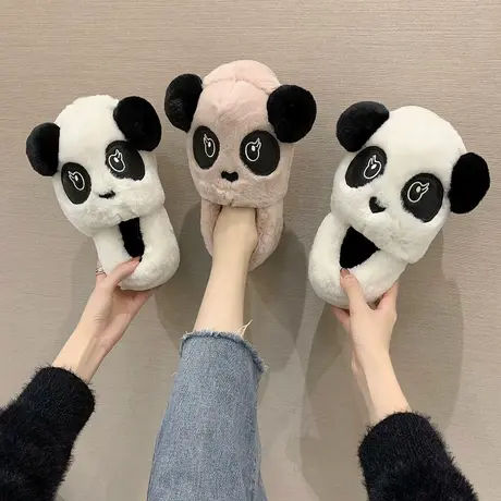熊猫棉拖鞋女冬2024新款居家可爱包跟棉鞋抖音网红情侣毛绒拖鞋男商品大图